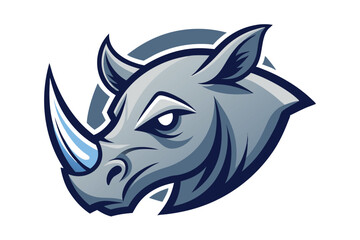 Focused rhino gazes forward with prominent horn in shades of gray and blue