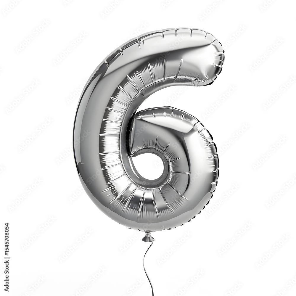 Fototapete a balloon shaped like the number 6 ,silver metallic finish with realistic reflections and smooth tex