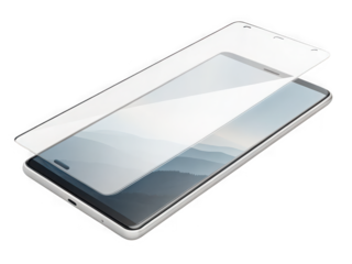 Smartphone screen protector installation, clear glass shield on modern device, landscape background