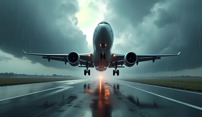 Airplane Takeoff on Runway under Stormy Sky