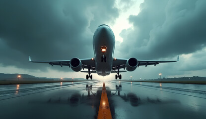 Airplane Takeoff on Runway under Stormy Sky