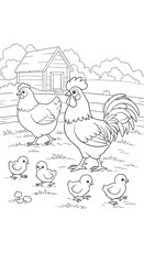 Charming Hen and Rooster Family Farm Illustration Coloring Page