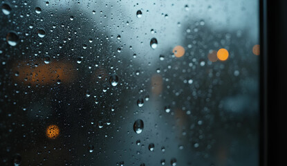 Rain Drops on Window Glass with Blurred View Outside