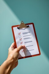 hospital services, hand showing clipboard with checklist icon, patient intake identity, flat style visual, close up with soft shadow