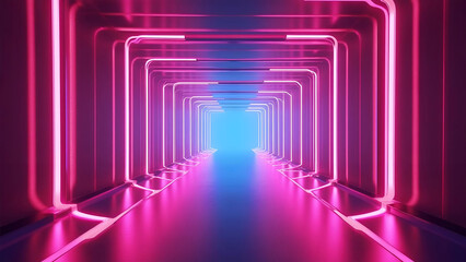 Illuminated futuristic corridor with glowing neon lights and perspective view