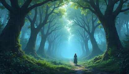 Misty Forest with Magical Light Rays