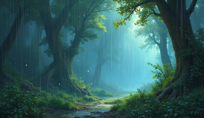 Misty Forest with Magical Light Rays
