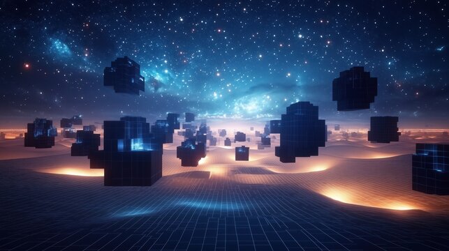 Futuristic landscape with floating cubes and starry sky