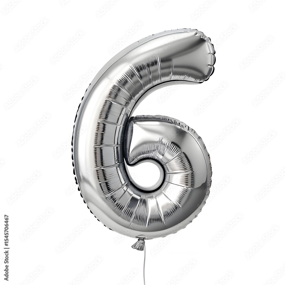 Fototapete a balloon shaped like the number 6 ,silver metallic finish with realistic reflections and smooth tex