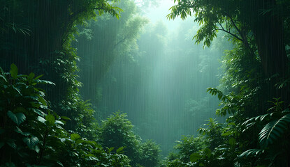 Misty Forest with Sunlight Rays Through the Trees