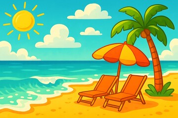 Obraz premium Colorful tropical beach with a bright sun, beach chairs, and a relaxing beach umbrella