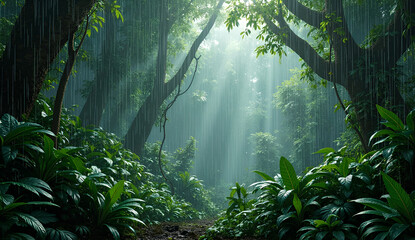 Misty Forest with Sunlight Rays Through the Trees