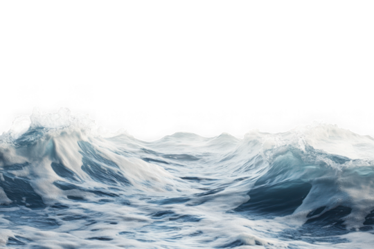 Ocean waves crashing sea water surface texture ripple effect blue white foam powerful nature photography realistic isolated on transparent background