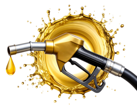 Top View of Gasoline Splash Forming Circular Ripple from Nozzle Tip, Transparent Background