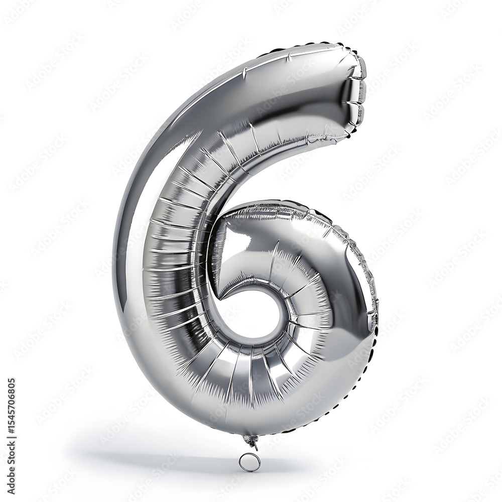 Fototapete a balloon shaped like the number 6 ,silver metallic finish with realistic reflections and smooth tex