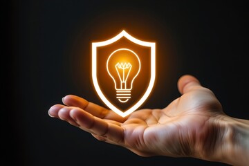 intellectual property, hand presenting lightbulb and shield icon, copyright protection concept, symbolic image, front macro