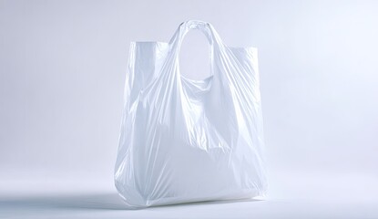 A pristine, empty, white plastic shopping bag with a die-cut handle sits on a light grey background