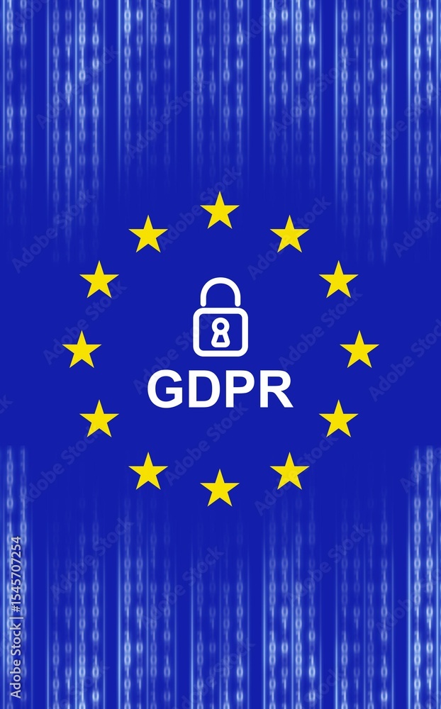 Poster gdpr emblem is standing out in flat digital illustration, with binary code streams and padlock icon