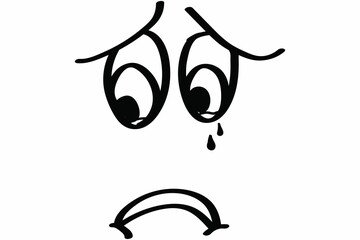 Sad face is appearing in flat black line illustration with teardrop on white background, copy space
