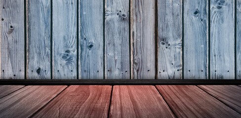 Brown wooden shelf on gray wall