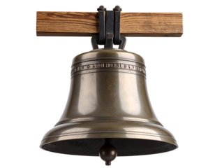 Bronze bell on wooden mount with clear metallic finish. Transparent background
