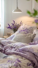 Cozy bedroom with lavender accents, floral bedding, and soft natural lighting.
