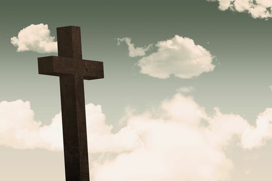 Fototapeta Flat design art is showing tall wooden cross rising against soft green sky with cream clouds