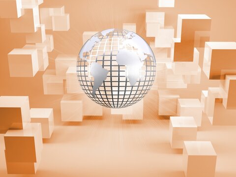 Fototapeta Silver globe on orange background with cubes