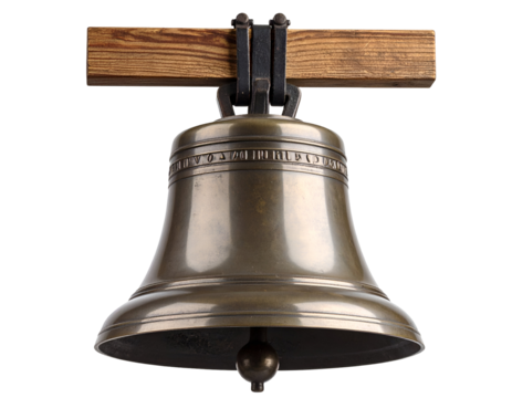 Bronze bell on wooden mount with clear metallic finish. Transparent background