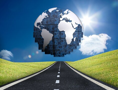 Fototapeta Digitally generated earth floating over street