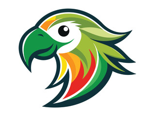 Colorful macaw head emblem displays green plumage and bold outlines on a white background