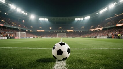 Fototapeta premium In the center of the football field, a classic black - and - white football rests on the green grass by the white line. The background is a brightly lit, full stadium, rendering a passionate match atm