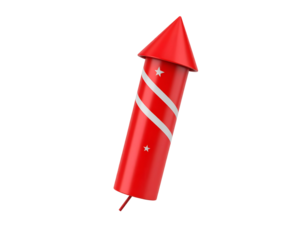 Red party popper with white decoration and pointed tip. Transparent background