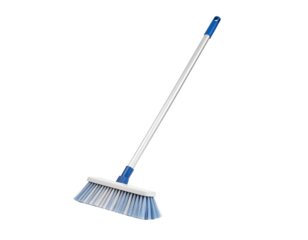 Blue handled broom with bristles for home cleaning tasks. Transparent background