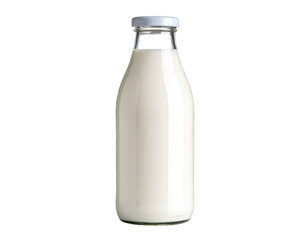 Glass bottle of milk filled to the brim without any labels. Transparent background