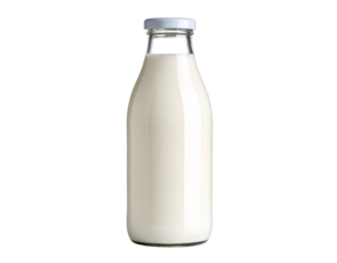 Glass bottle of milk filled to the brim without any labels. Transparent background