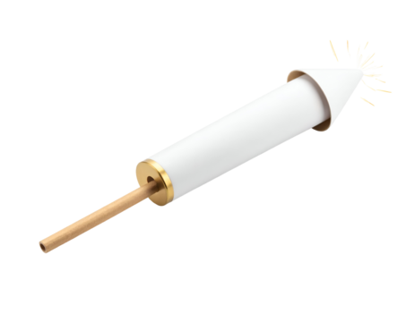 White rocket with golden accents and sparks emitting from the tip. Transparent background