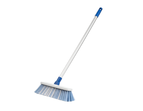 Blue handled broom with bristles for home cleaning tasks. Transparent background