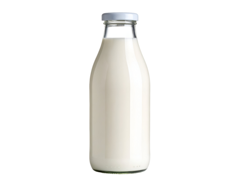 Glass bottle of milk filled to the brim without any labels. Transparent background