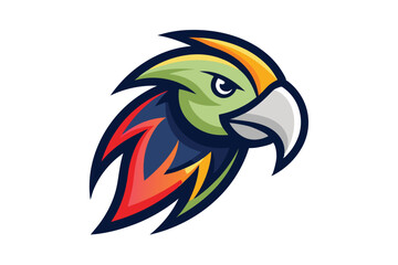 Stylized parrot head exhibits a fierce gaze with colorful plumage displayed on a white background