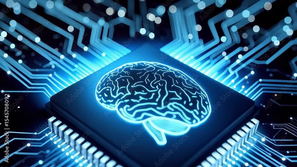 Poster glowing brain circuitry in a computer chip, symbolizing artificial intelligence and digital innovati