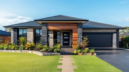Modern Brick House with Dark Roof and Landscaping, House Design, Home Exterior