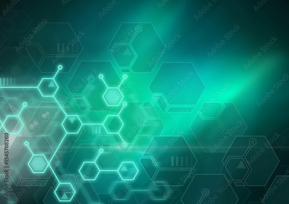 Poster glowing hexagon network is being shown in flat design interface with circuit lines and chart icons