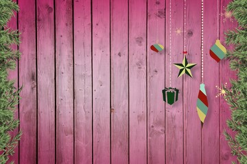 Fototapeta premium Christmas decorations over wooden planks