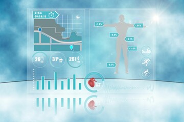 Holographic health interface floating in blue mist, showing map, transparent silhouette, heart BPM