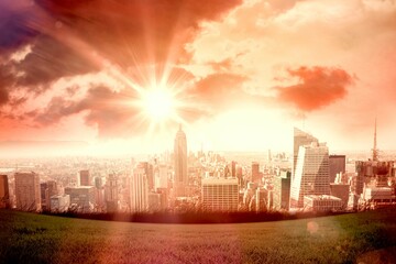 flat illustration is showing green hill overlooking urban skyline with central tower under sun rays