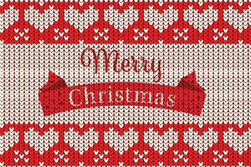 Central red banner is showing cursive Merry Christmas in flat digital knit style with heart motifs