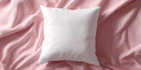 A pristine white pillow rests on soft, blush-pink fabric, creating a serene and minimalist scene