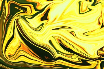 Abstract fluid art is showing swirling bright yellow orange green marbled patterns in flat design