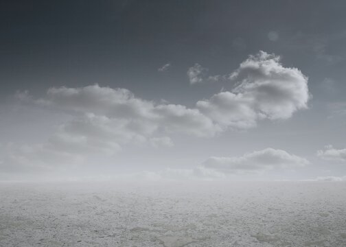 Fototapeta Flat illustration is showing cracked earth under muted gray sky with clouds, creating somber mood